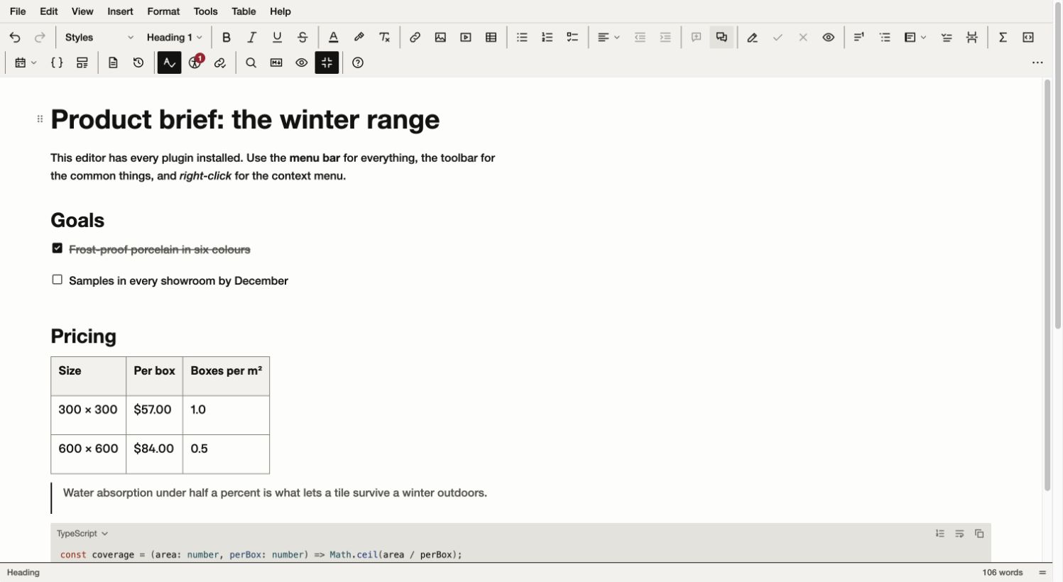 Better Rich Text in the Studio skin, showing the menu bar, formatting toolbar and a sample product brief with a checklist, table and code block.