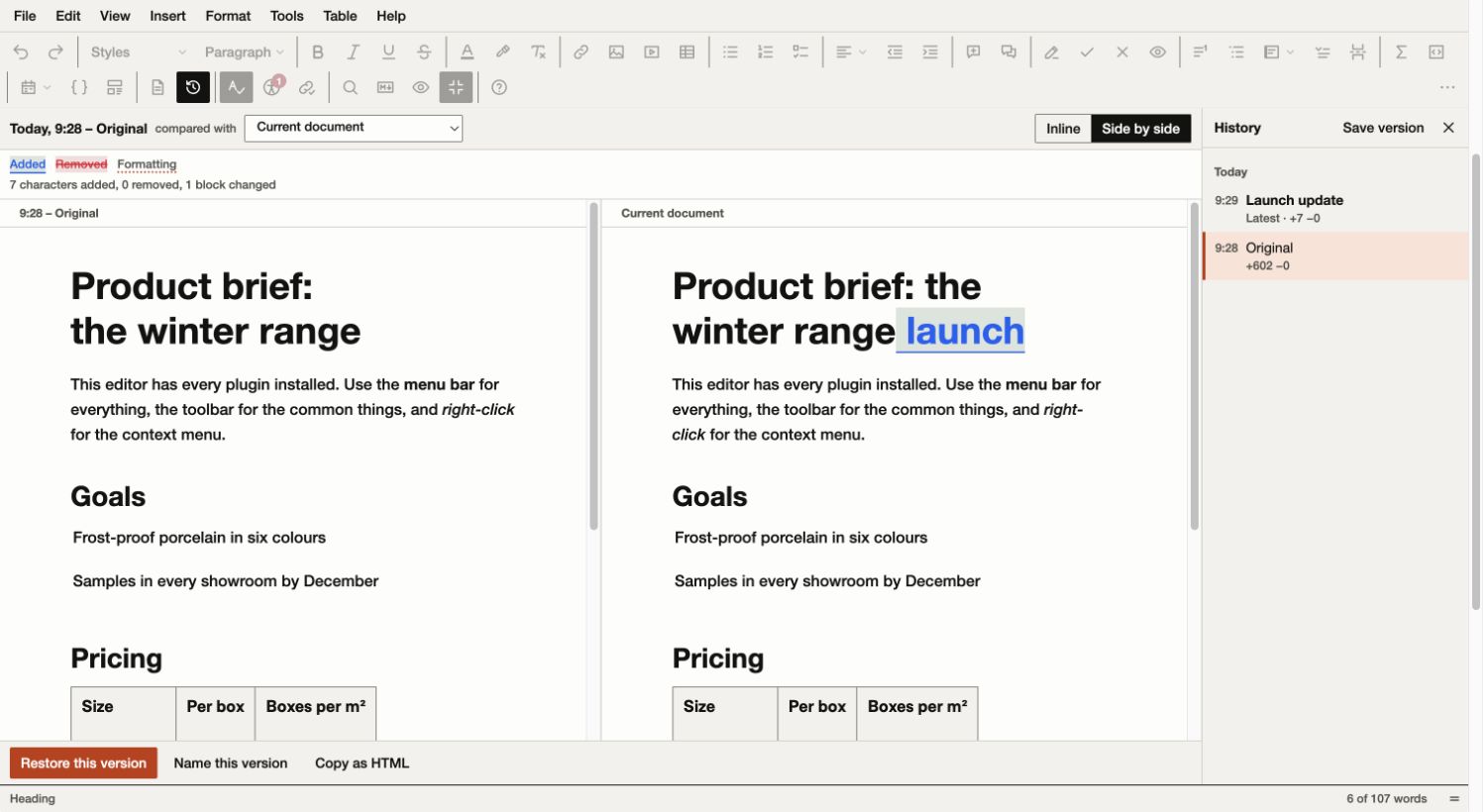 Better Rich Text version history comparing the original product brief with an edited version side by side, highlighting the added word launch and showing saved versions in the history panel.