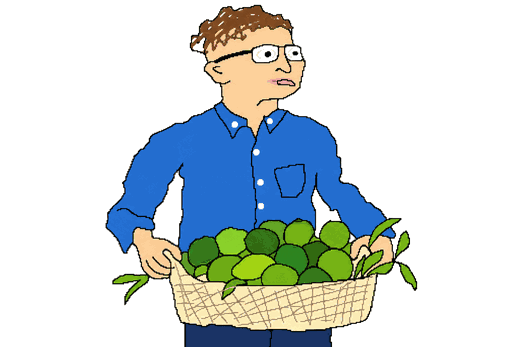 An MS Paint drawing of a man in glasses and a blue shirt holding a basket of limes