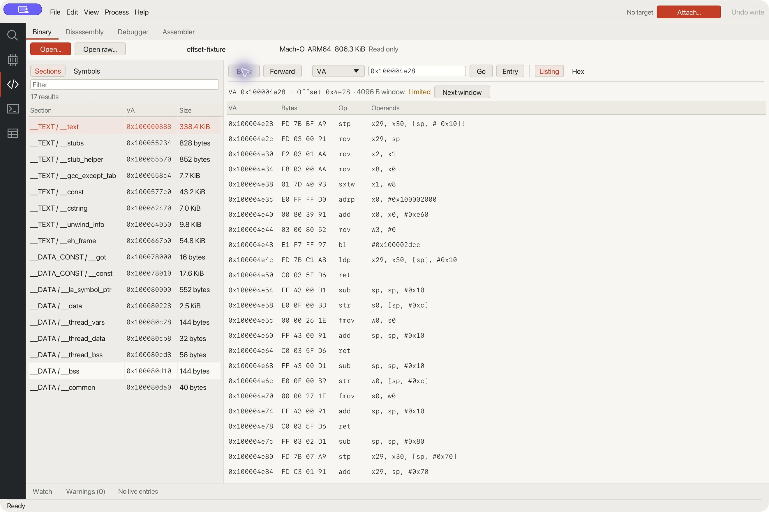 Offset’s read-only Binary workspace inspecting the ARM64 Mach-O test executable, with sections on the left and disassembly on the right.