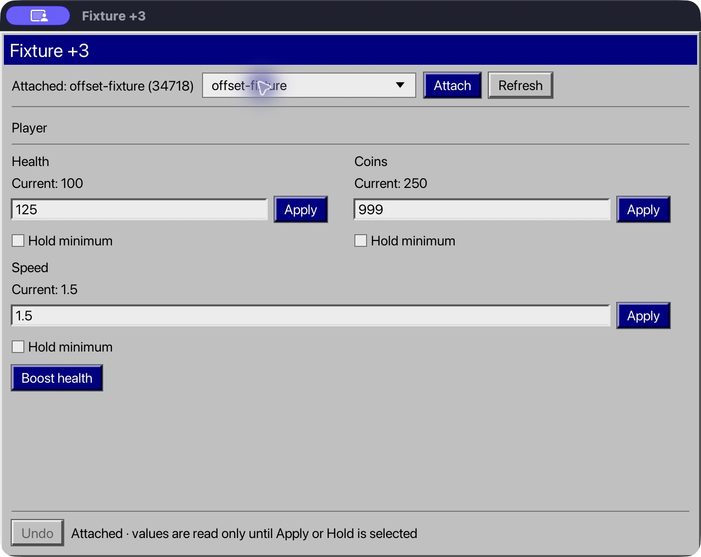 An exported Offset trainer using the Windows 95 skin, attached to the controlled fixture with health, coins and speed controls.