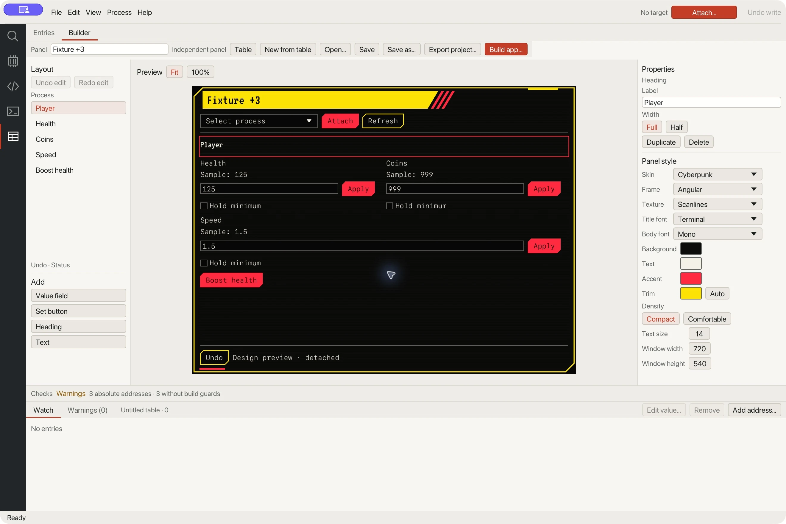 Offset’s visual builder arranging a Cyberpunk-style trainer with health, coins and speed controls, a preset button and editable appearance settings.