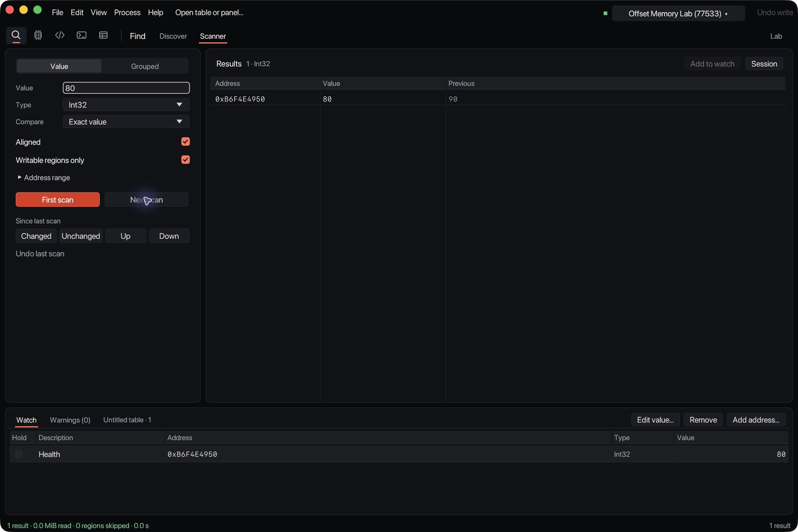 Offset’s redesigned Scanner on macOS, with one Int32 result and a Health entry in the watch table.