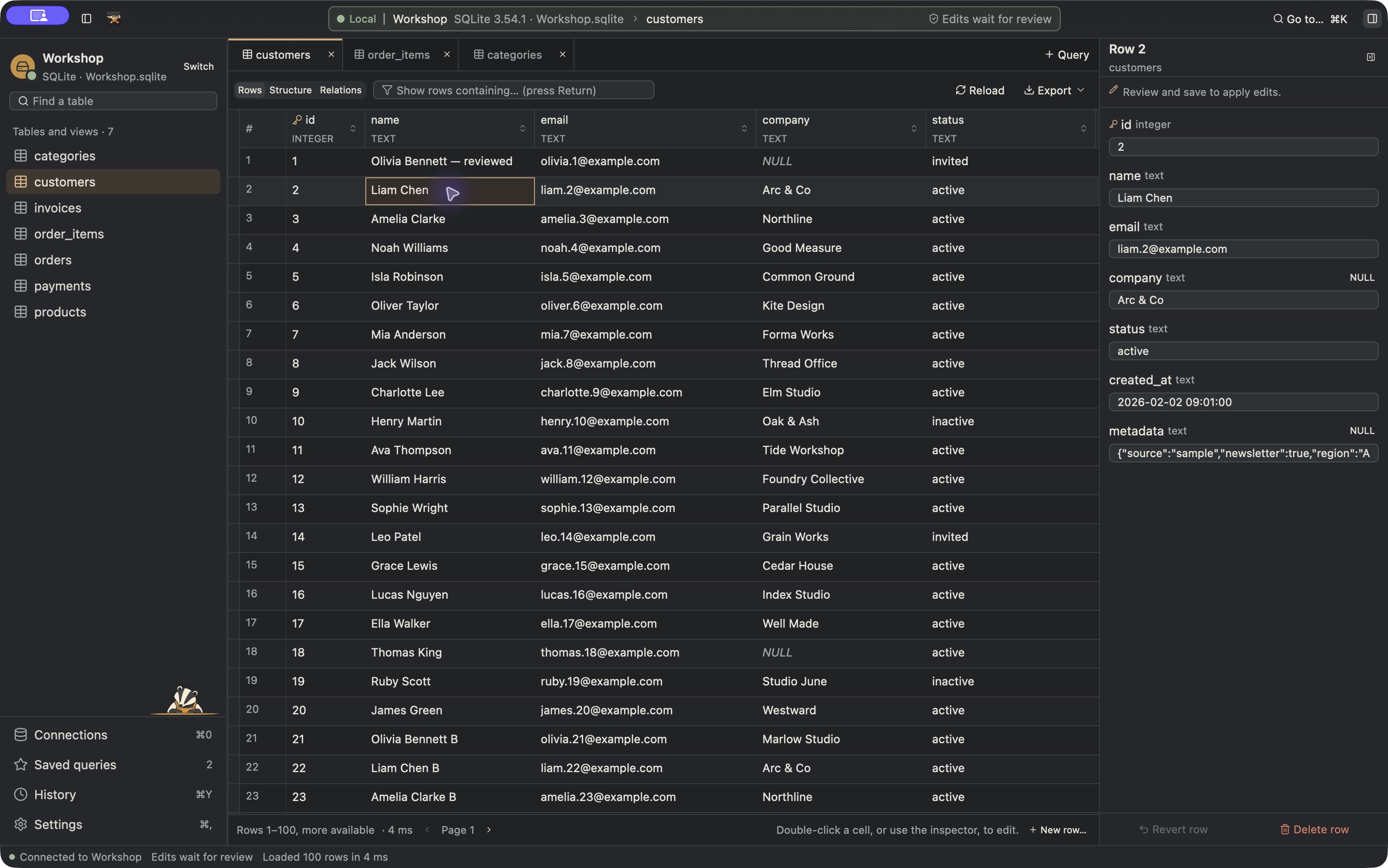 Query Anvil on macOS, showing the Workshop sample database, its tables and the selected customer’s fields in the row inspector.