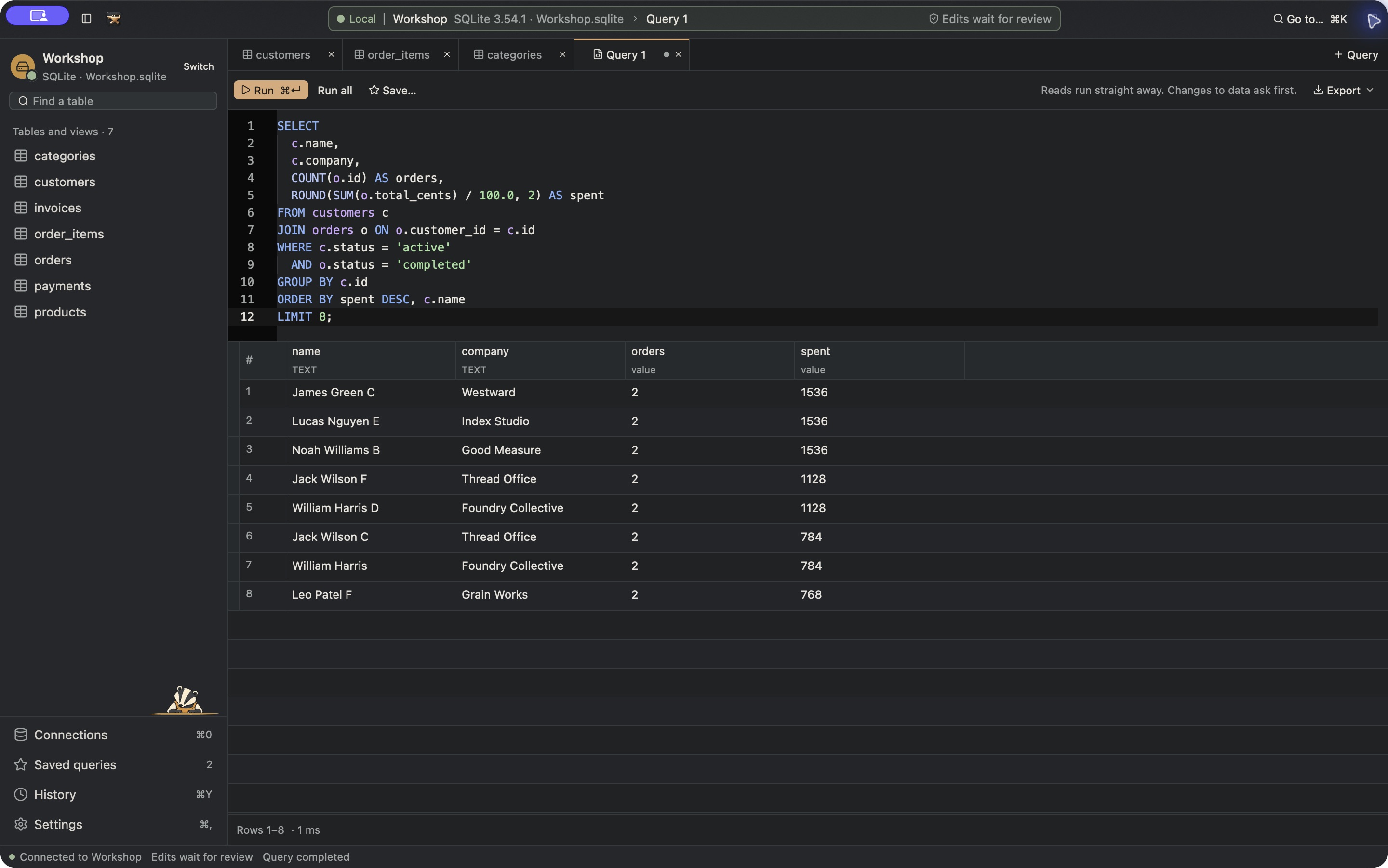Query Anvil’s SQL editor and results, showing eight customers ranked by spending from a join between the sample customers and orders tables.