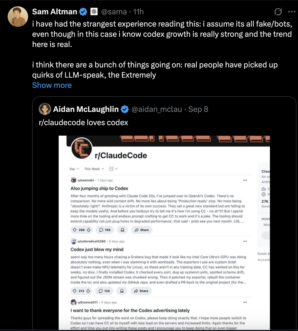 Screenshot of Sam Altman quote-tweeting a Reddit post about Claude Code issues