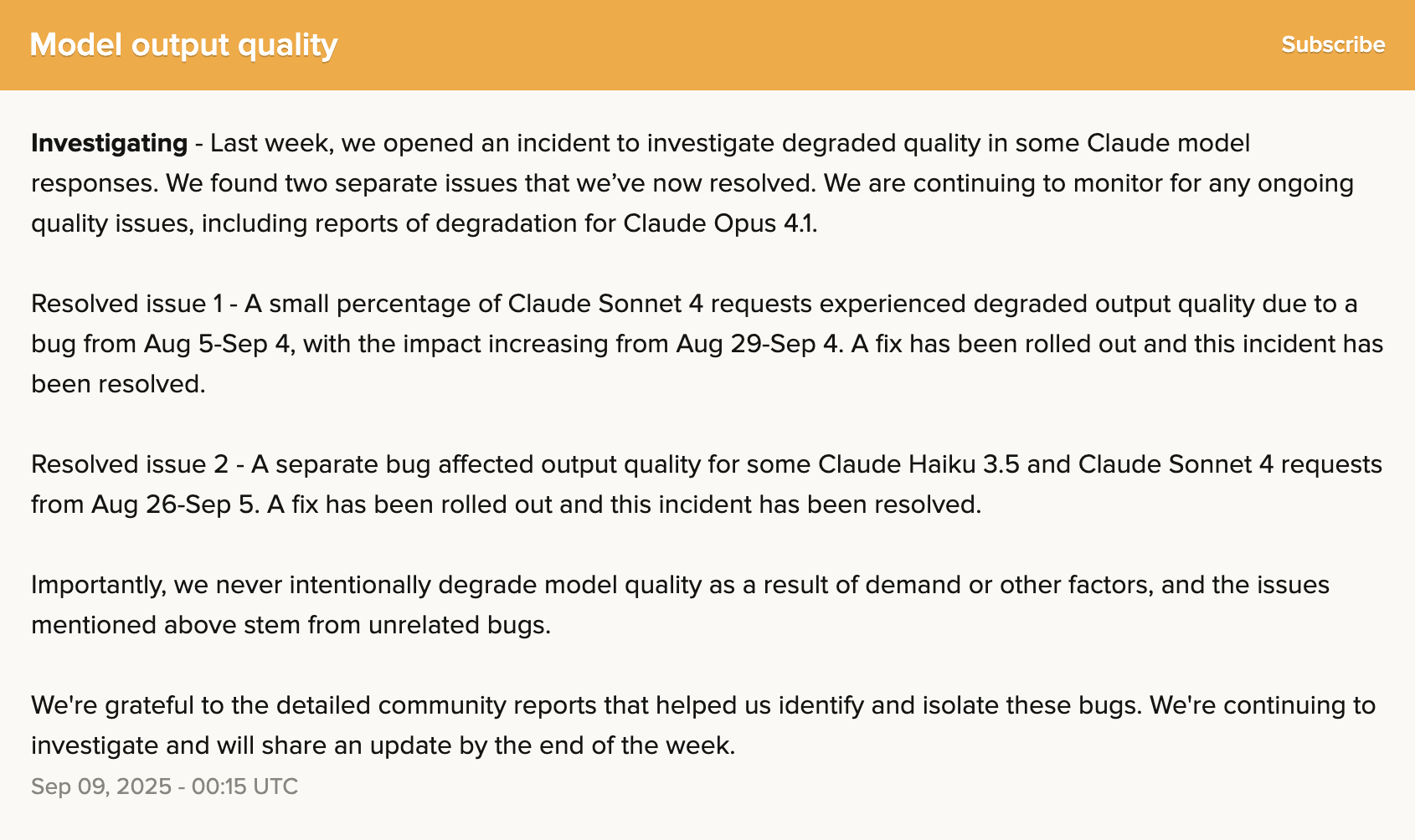 Screenshot of Anthropic incident post